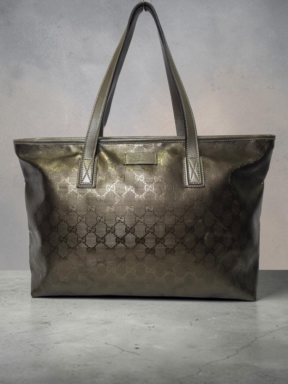 Authentic Gucci GG Imprimé coated fabric Leather Metallic Khaki Tote Bag Purse